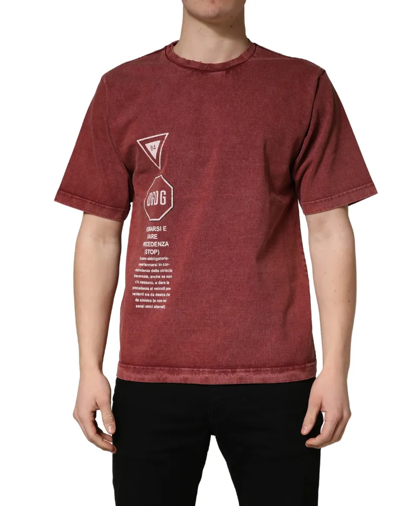 Dolce & Gabbana Men Maroon Print Round Neck Short Sleeve T-Shirt Cotton Maroon