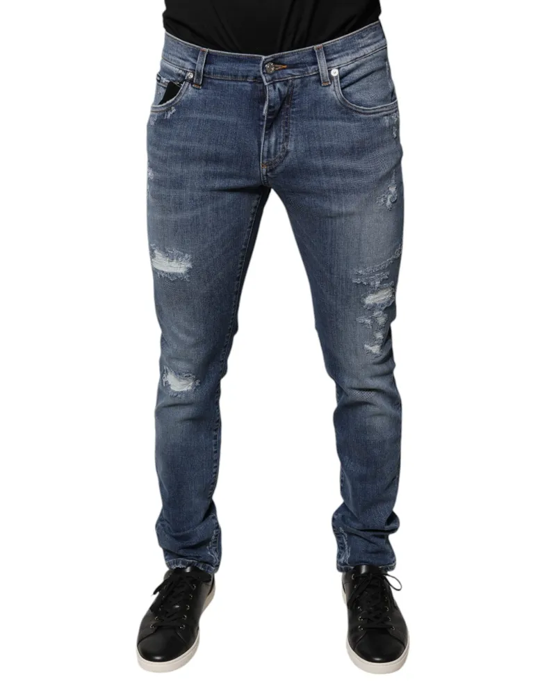 Dolce & Gabbana Men's Blue Tattered Cotton Stretch Skinny Denim Jeans Elastane Clothing Blue