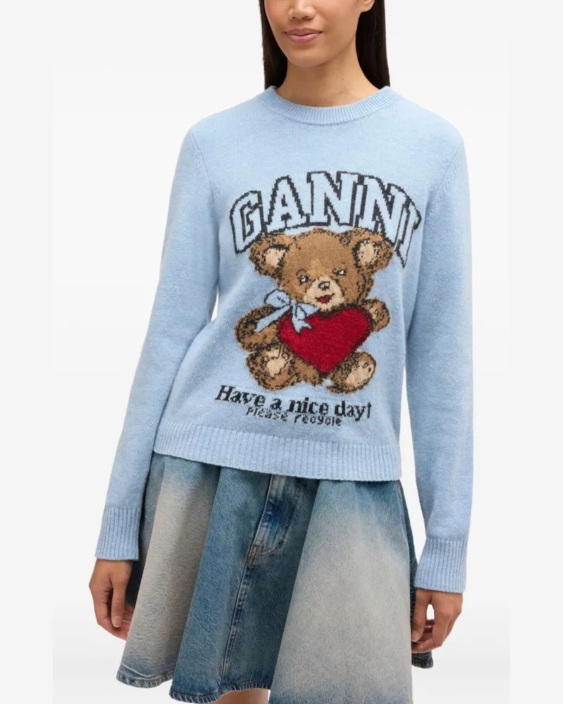 Ganni Teddy Bear Graphic Wool Sweater — Light Blue Light