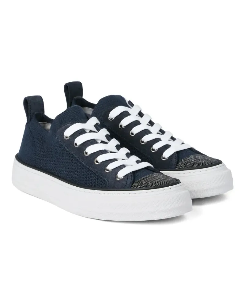 Brunello Cucinelli Women's Knit Suede-Panel Sneakers Ss26 W Navy