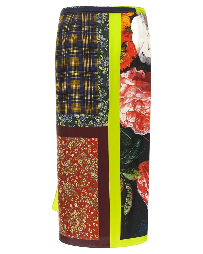 Dries van Noten Patchwork Floral and Tartan Silk Wrap Skirt — Black Black