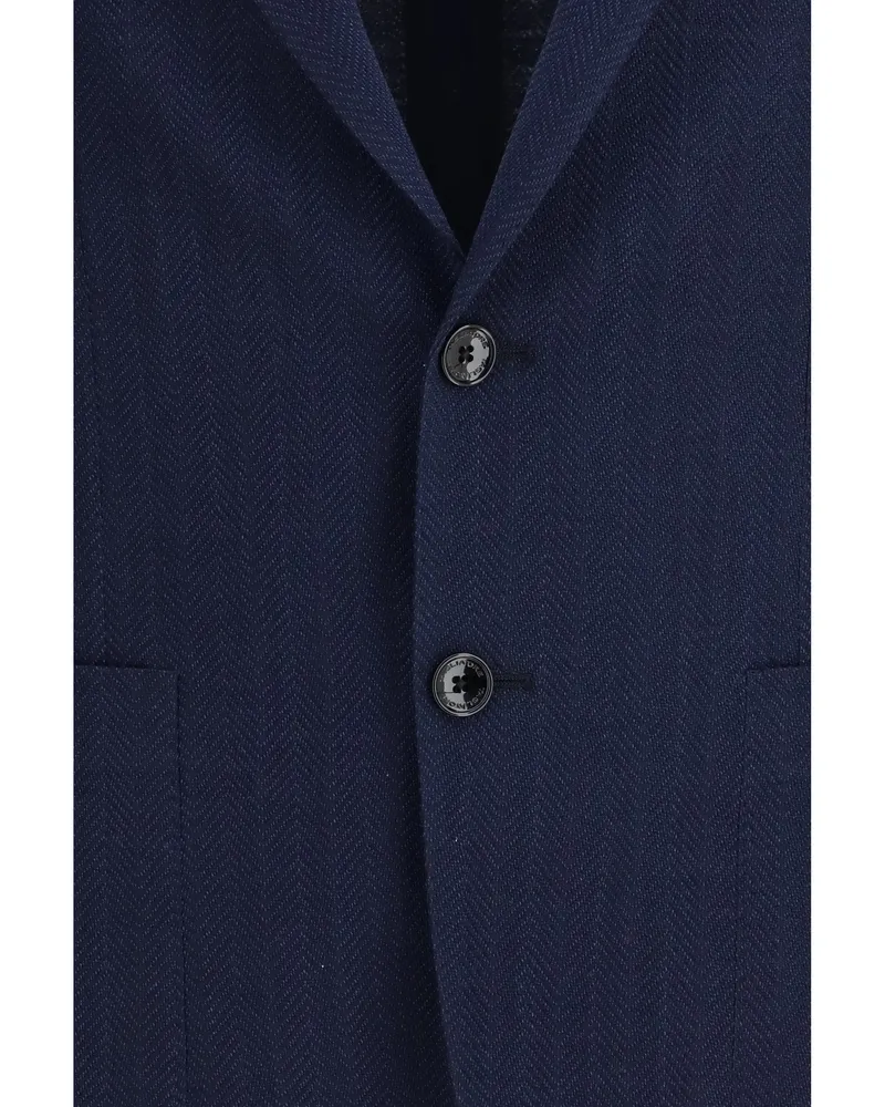 Tagliatore Men's Single-Breasted Jacket Herringbone Blue Fleece Wool (ovis Aries Blue