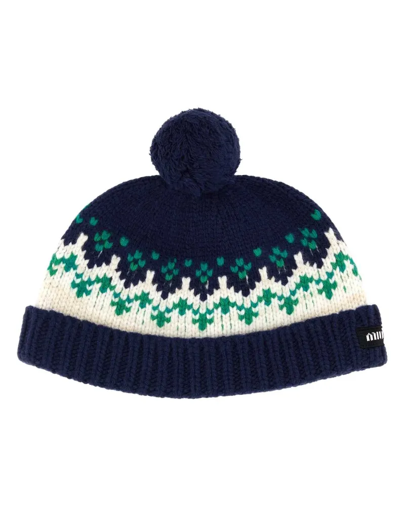 Miu Miu Women Embroidered Wool Beanie Hat Navy Exterior: Virgin Cuffie Navy