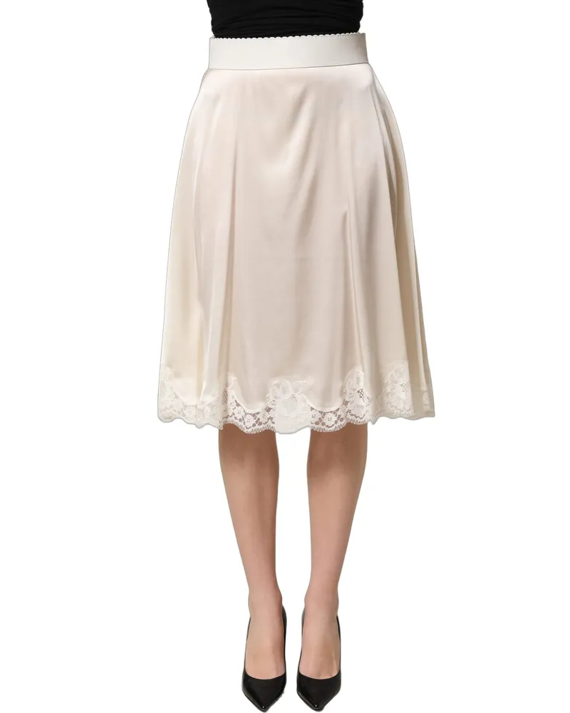 Dolce & Gabbana Women's Off White Lace Trimmed Satin High Waist Skirt Silk White