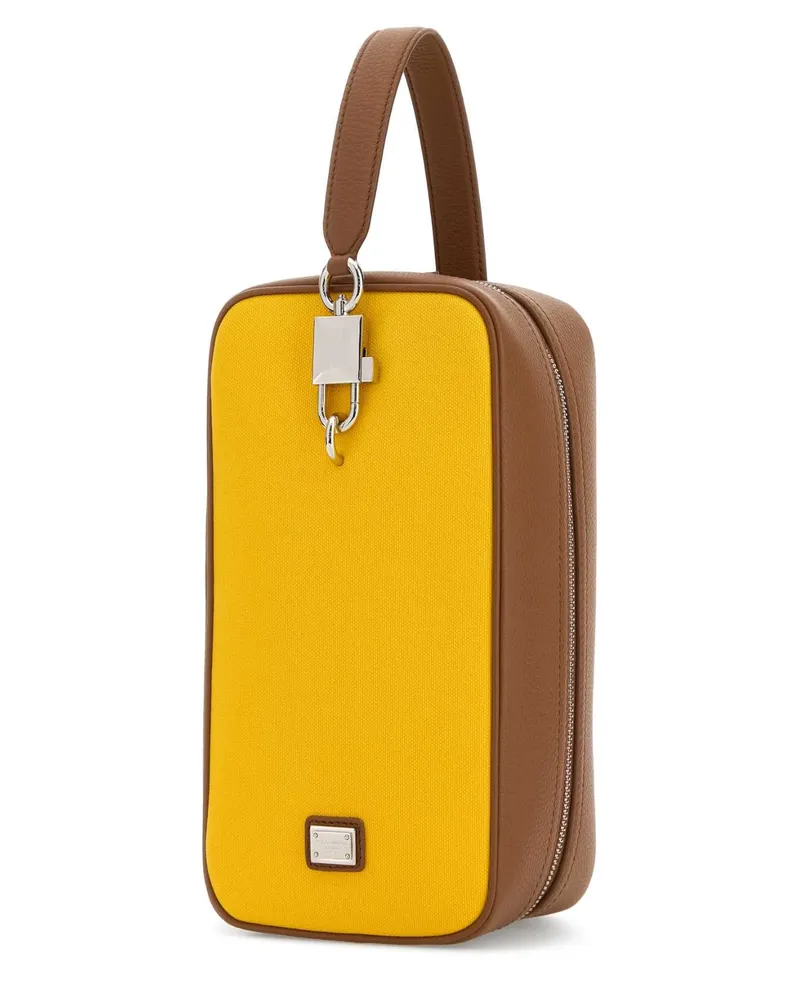 Dolce & Gabbana Men's Two-Tone Leather And Canvas Lock Handbag Giallocaramello Borse A Mano Yellow