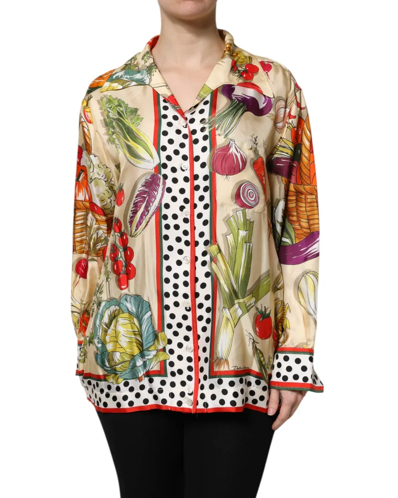 Dolce & Gabbana Women's Multicolor Vegetables Silk Long Sleeves Top Multicolor