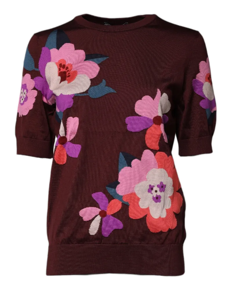 Dolce & Gabbana Women's Maroon Floral Silk Crew Neck Blouse Top Maroon
