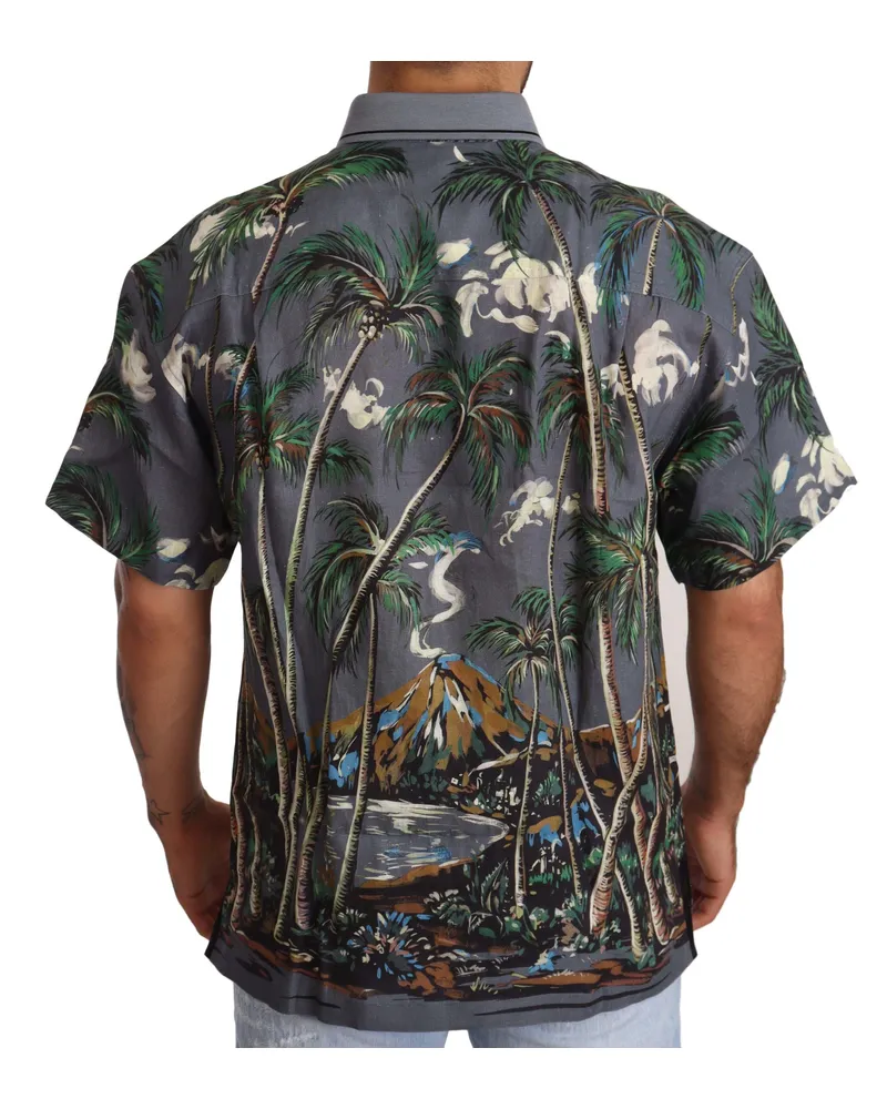 Dolce & Gabbana Men's Gray Linen Tropical Print Collared Shirt Gray