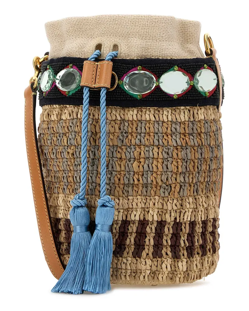 Valentino Garavani Women's Embroidered Raffia Vlogo Signature Bucket Bag Multicbeigemulticneronatncamelazz Borse A Secchiello Multicolor