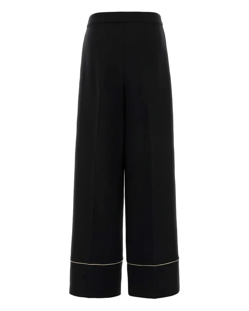 Fendi Wide-Leg Wool-Silk Blend with Contrast Trim Trousers — Black Black