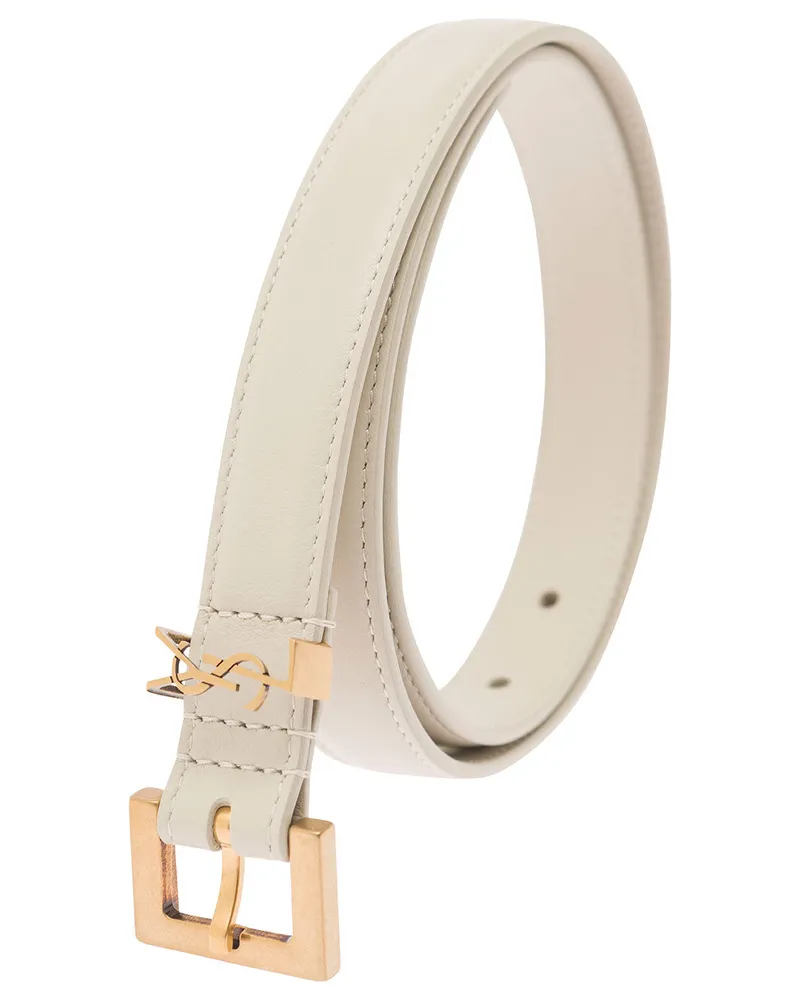 Saint Laurent Women's Leather Belt With Logo Buckle White Calf White