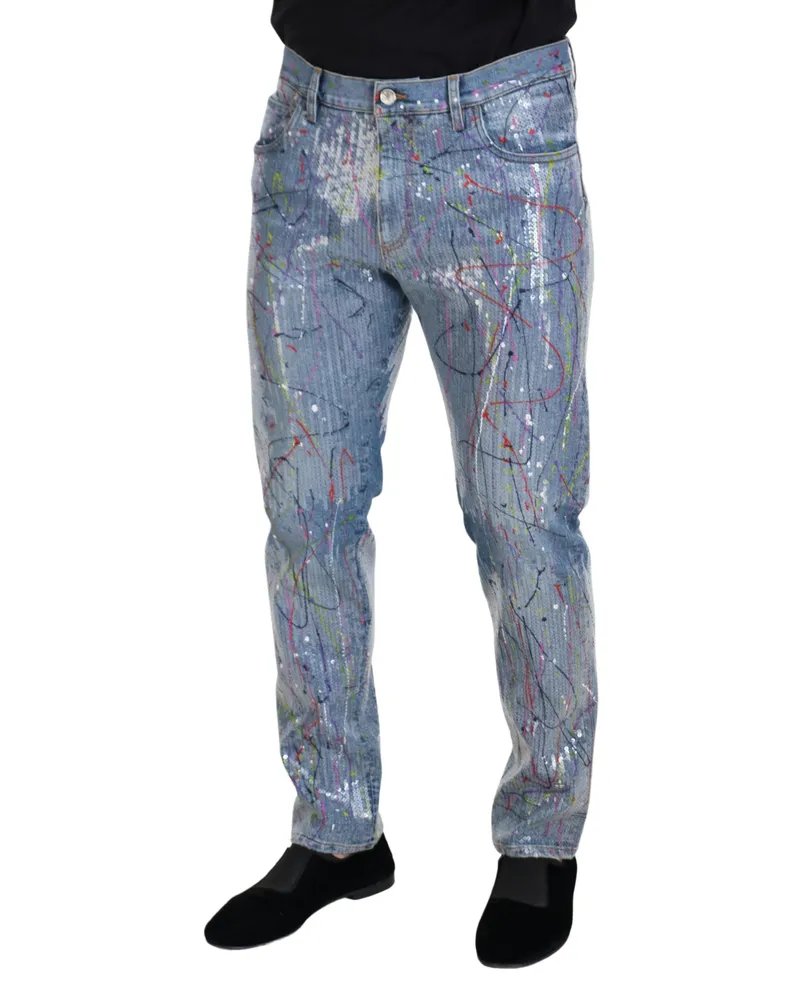 Dolce & Gabbana Men's Blue Cotton Splash Print Denim Jeans Clothing Blue