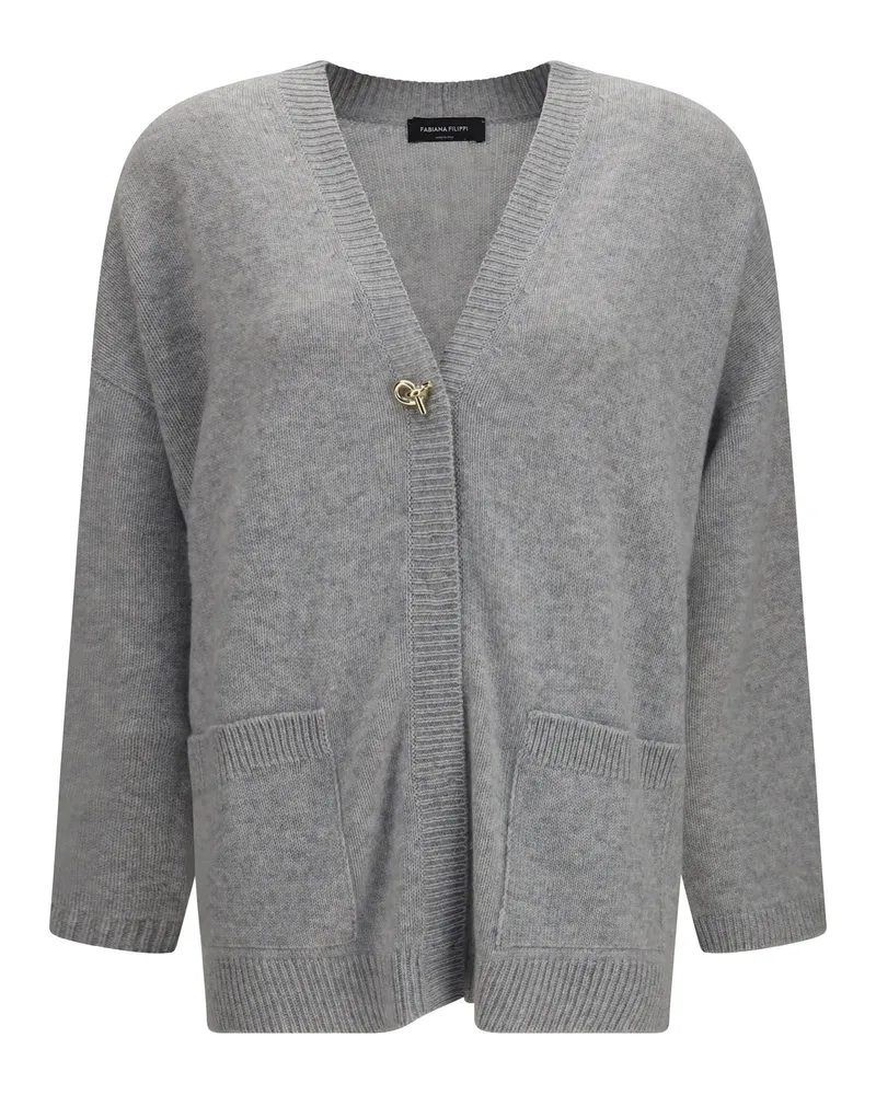 Fabiana Filippi Women's Cashmere Cardigan With V-Neck And Knot Button Granite Grey Sweater Gray