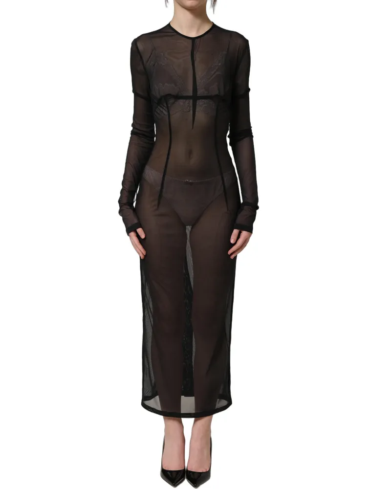Dolce & Gabbana Women Black Long Sleeve Sheer Fitted Maxi Dress Nylon Elastane Black