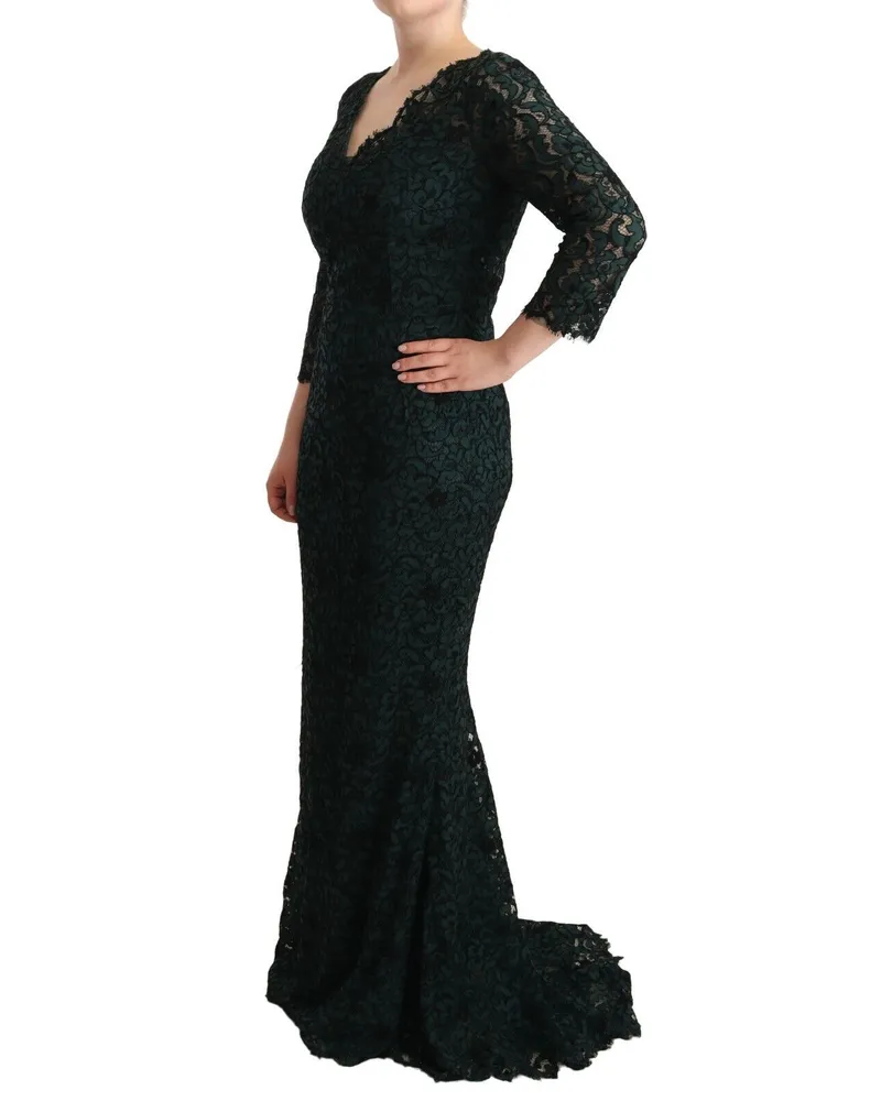 Dolce & Gabbana Women's Green Floral Lace Maxi Floor Length Dress Cotton Green