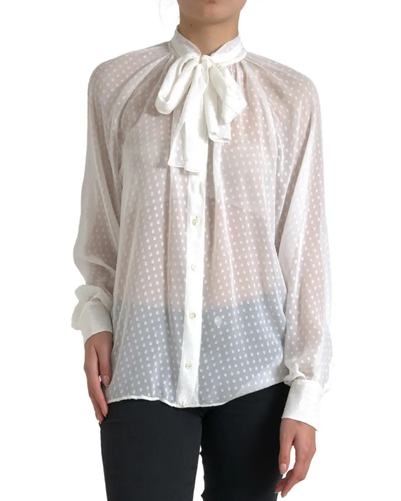 Dolce & Gabbana Women's White Silk Sheer Tied Neck Polka Dots Blouse White