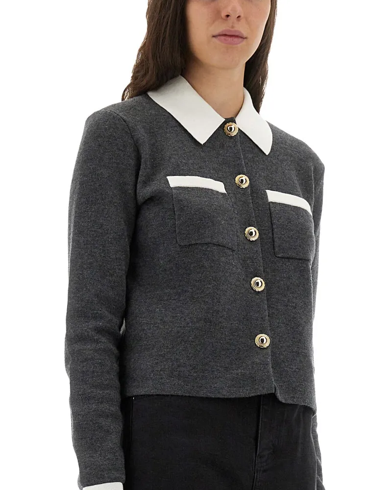 Self-Portrait Wool Blend with Contrasting Collar Cardigan — Grey Grey