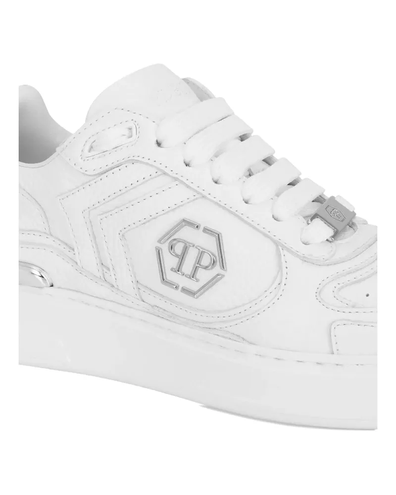 Philipp Plein Grained Leather Low-Top Sneaker — White White