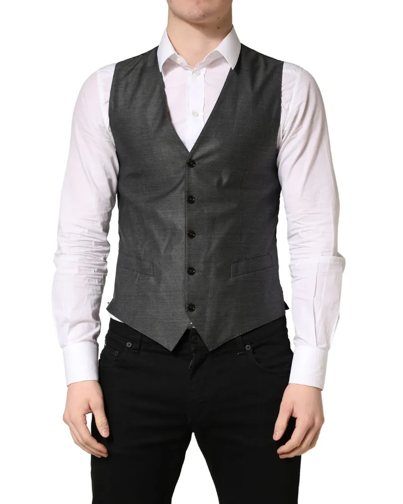 Dolce & Gabbana Men Dark Gray Wool Dress Formal Waistcoat Vest Virgin Silk Gray