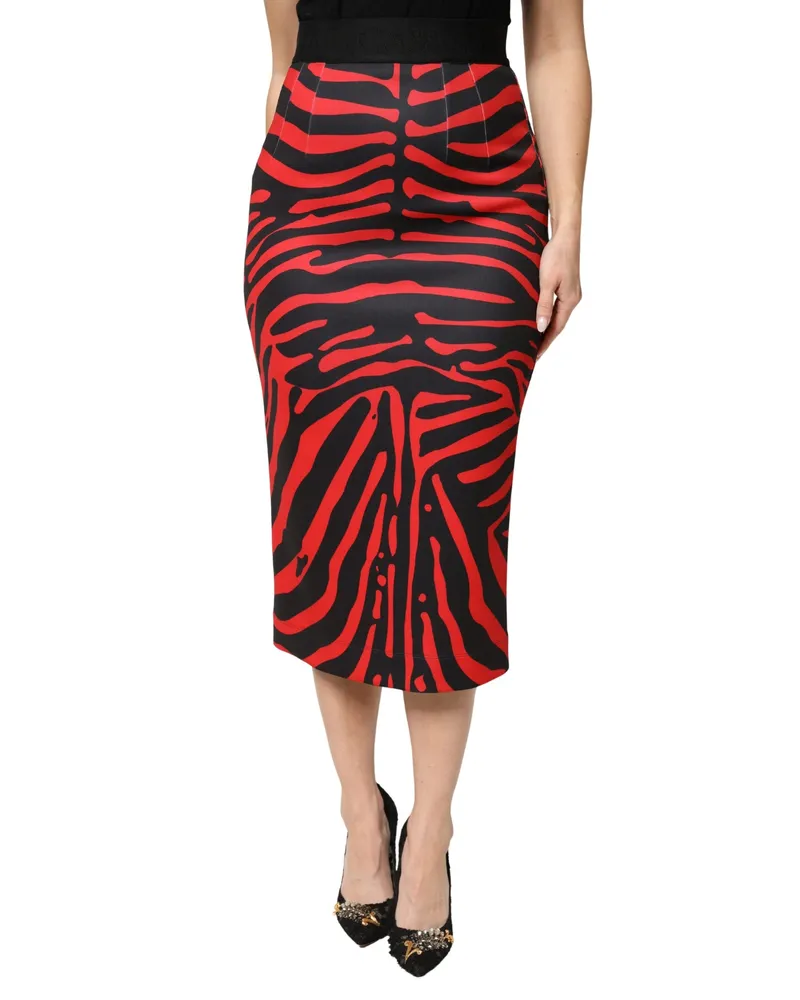 Dolce & Gabbana Women Red Black Zebra Print Polyester Pencil Midi Skirt And Red