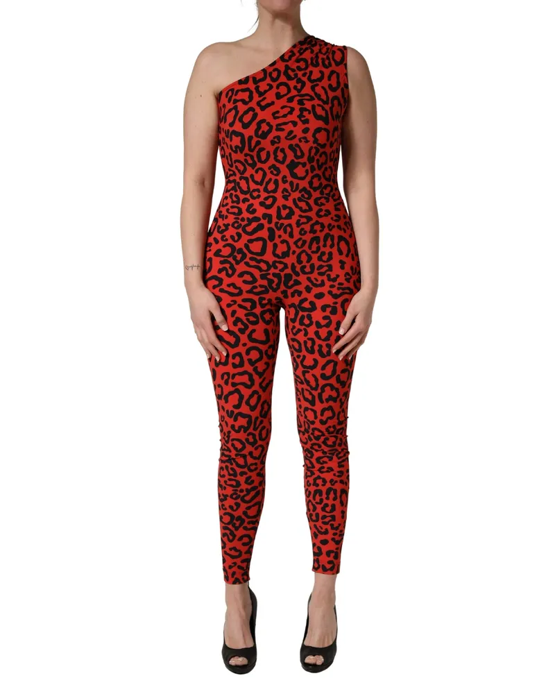 Dolce & Gabbana Women's Black Red Nylon Leopard Pattern Jumpsuit And Elastane Red