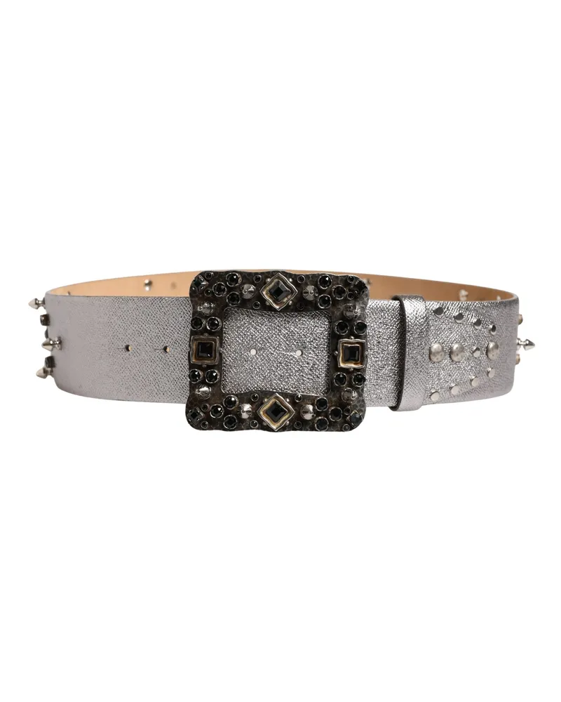Dolce & Gabbana Women's Silver Leather Crystal Metal Buckle Belt Calf Silver