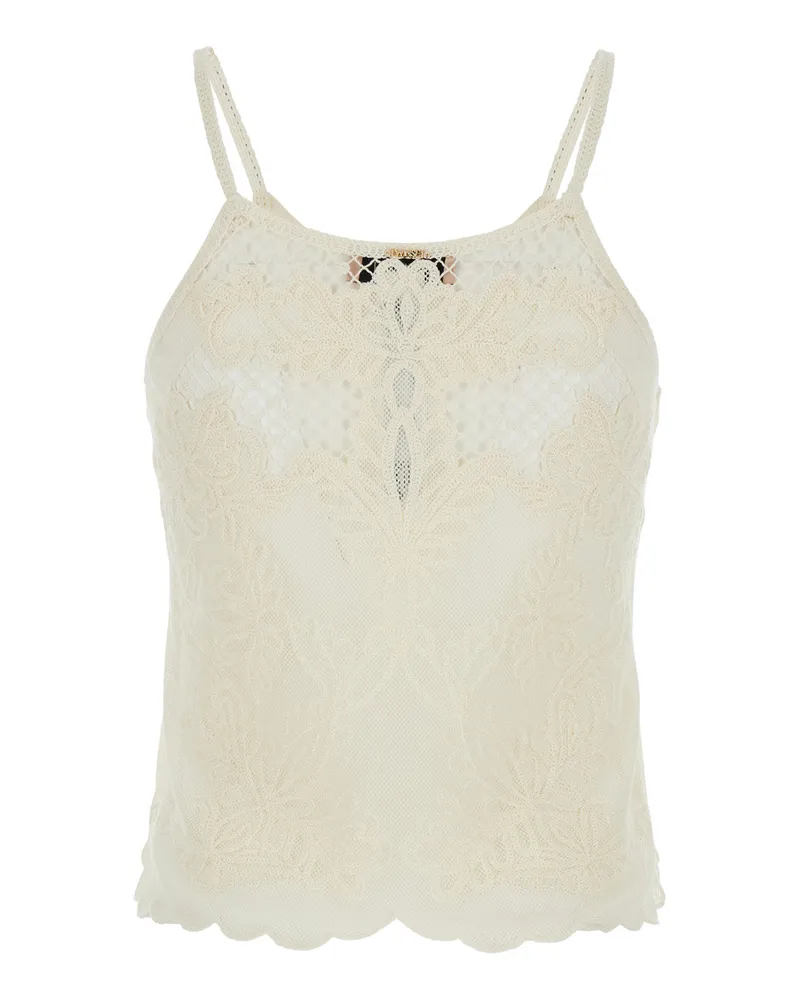 Twin-Set Women's Round Neck Lace Top White Cotton Tops White