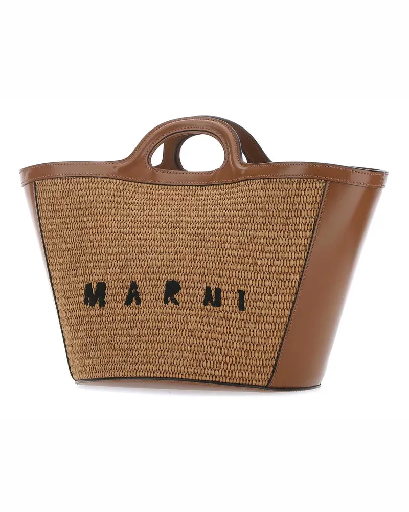 Marni Women's Two-Tone Leather And Raffia Small Tropicalia Summer Handbag Raw Sienna Borse A Mano Brown