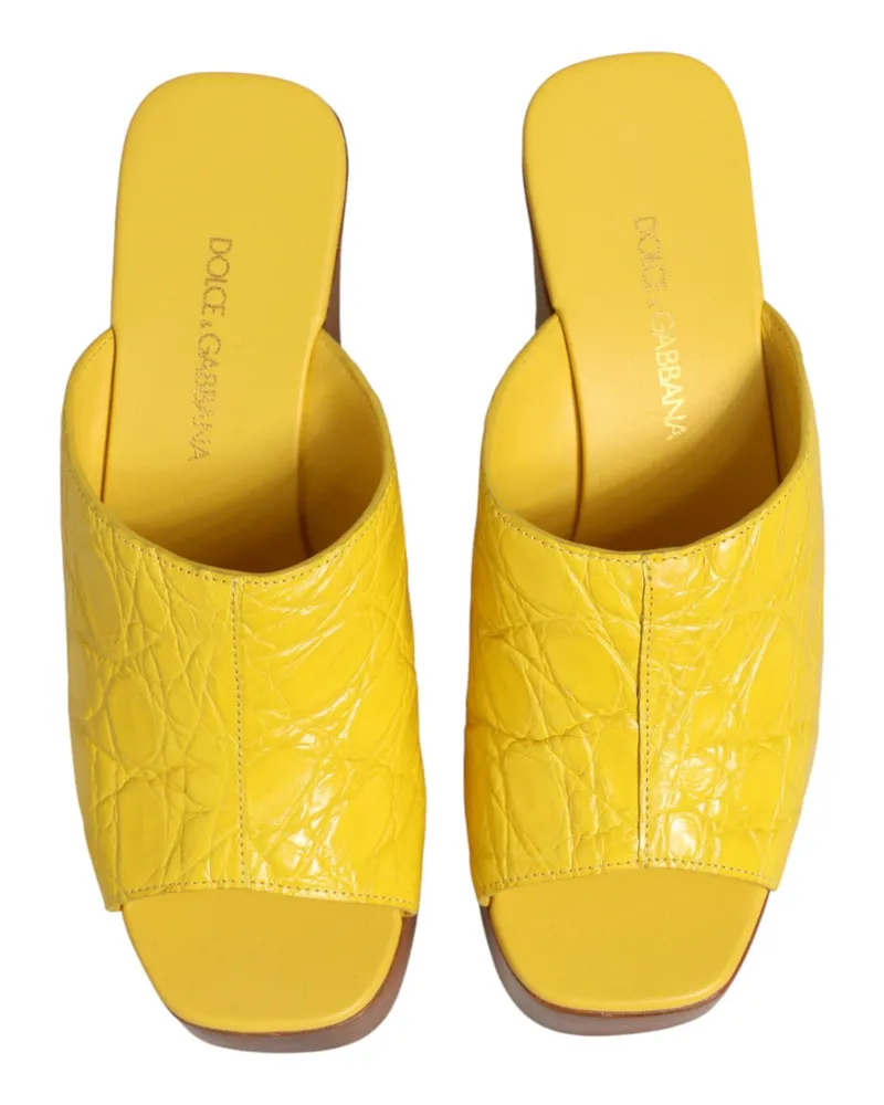 Dolce & Gabbana Women's Yellow Leather Wood Mule Wedge Slides Shoes 100iman Yellow