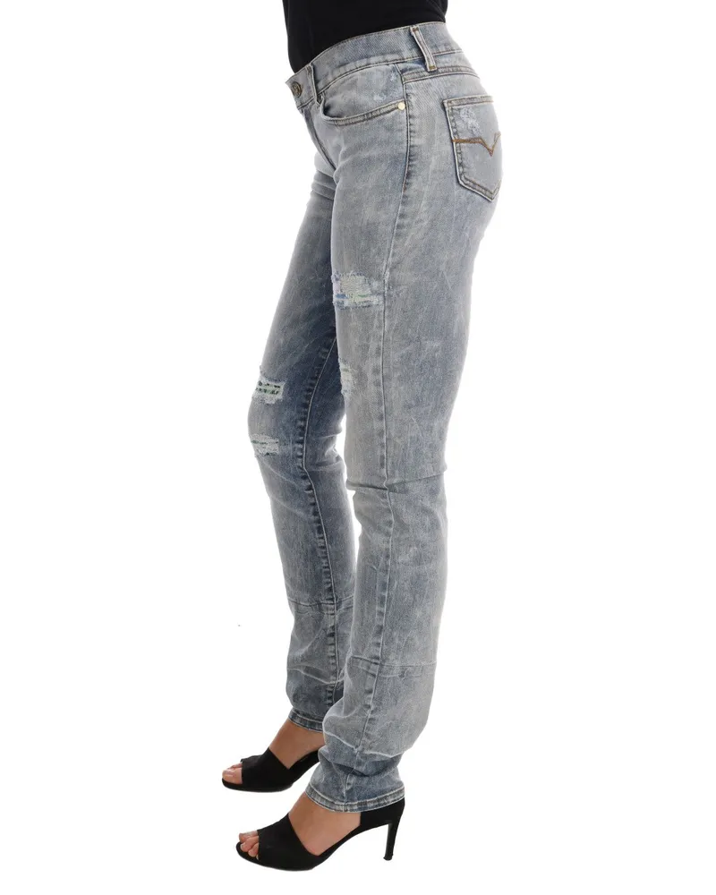 Versace Jeans Women's Blue Wash Torn Stretch Slim Fit Jeans Cotton Clothing Blue