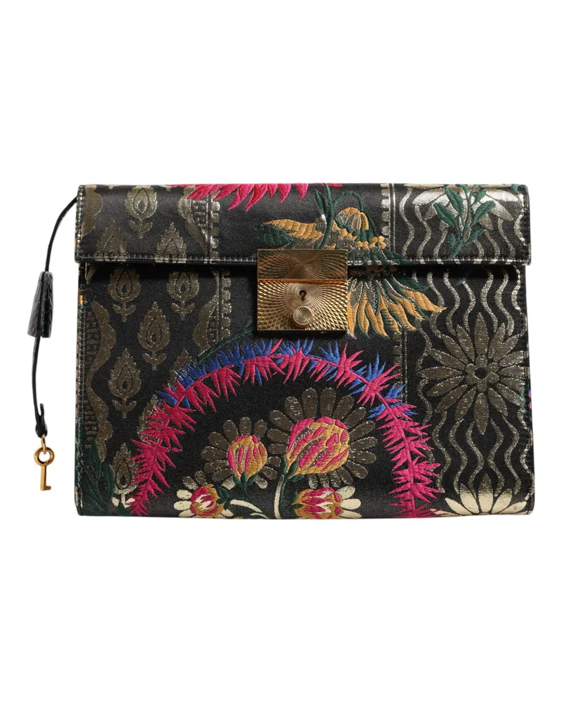 Dolce & Gabbana Women's Multicolor Jacquard Floral Document Briefcase Bag Fabric Black