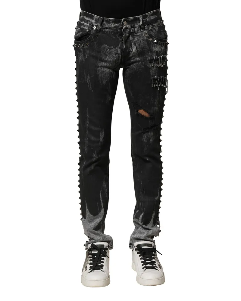 Dolce & Gabbana Men's Black Washed Embellished Skinny Denim Jeans Cotton Elastane Clothing Black