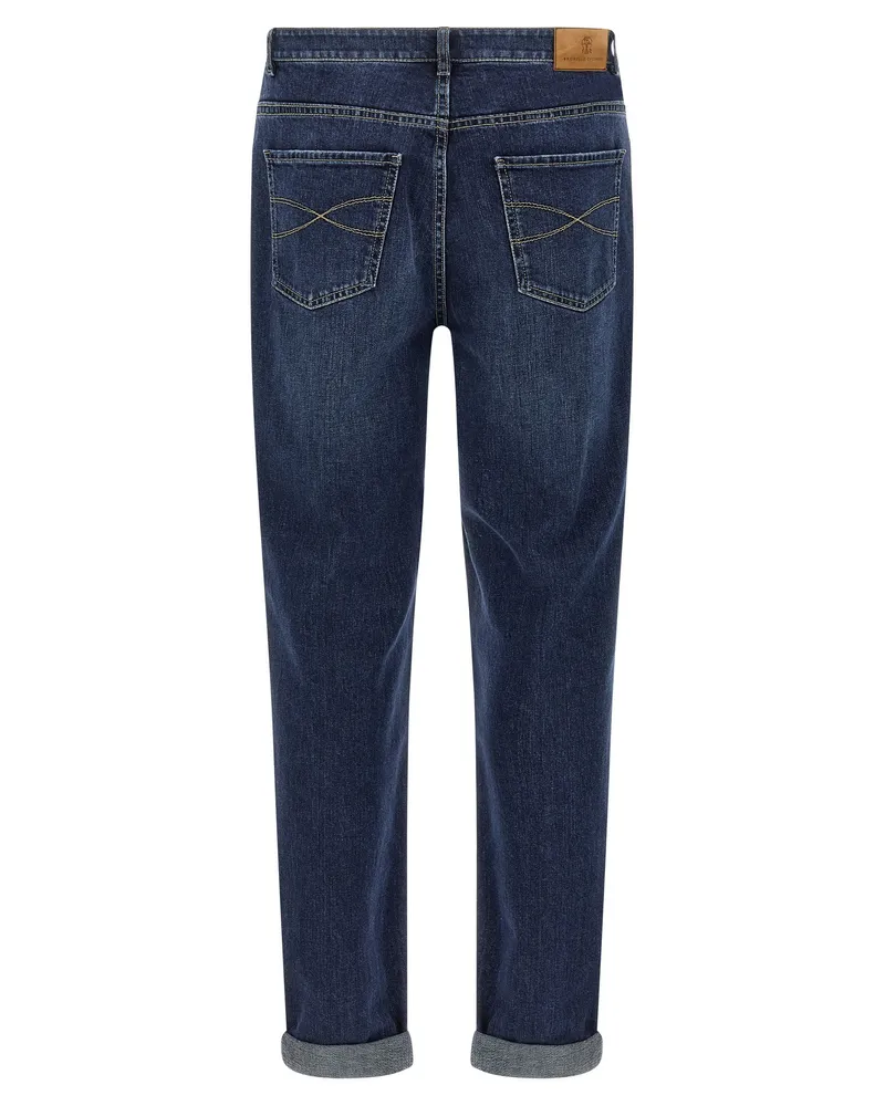 Brunello Cucinelli Logo Embroidery Stretch Jeans — Blue Navy