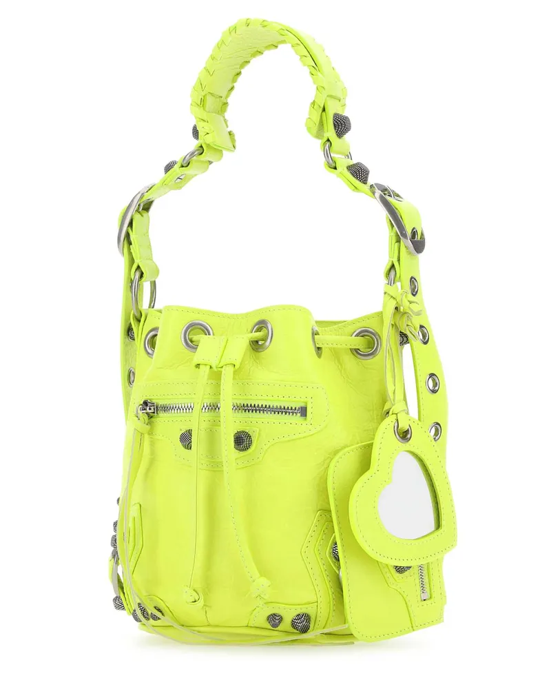 Balenciaga Women's Fluo Yellow Leather Le Cagole Xs Bucket Bag 7206 P Domesticated Lamb Borse A Secchiello Yellow