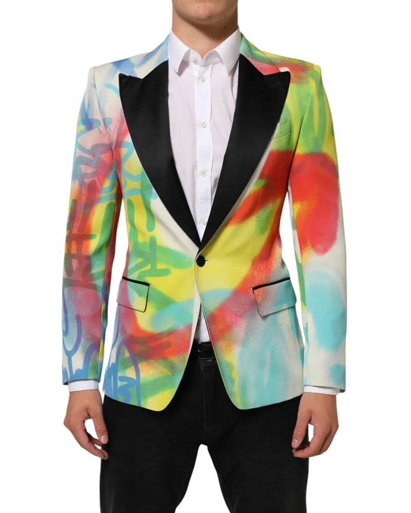 Dolce & Gabbana Multicolor Graffiti Sicilia 1 Button Men Suit Blazer Pl+se+wo Multicolor