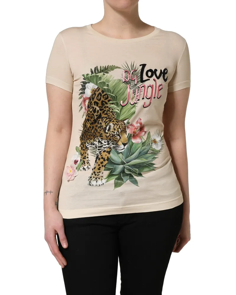 Dolce & Gabbana Women's Beige Jungle Print Cotton Round Neck T-Shirt Beige