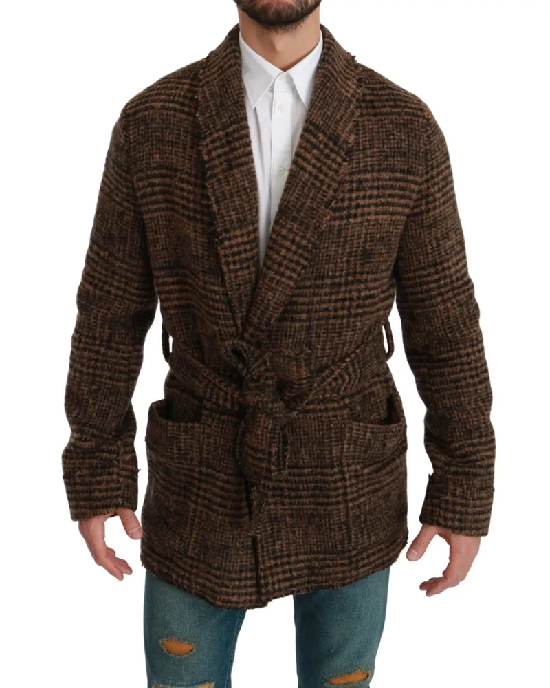 Dolce & Gabbana Men's Brown Checkered Wool Robe Coat Wrap Jacket Nylon Alpaca Clothing Brown