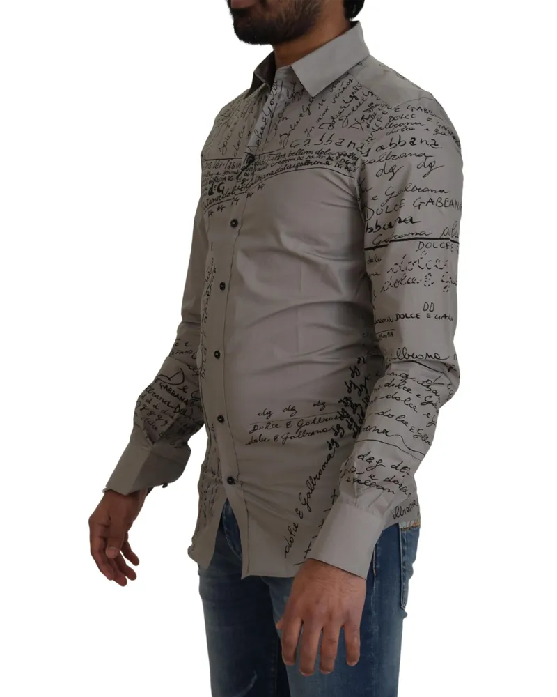 Dolce & Gabbana Men's Gray Printed Cotton Slim Dress Gold Shirt Gray