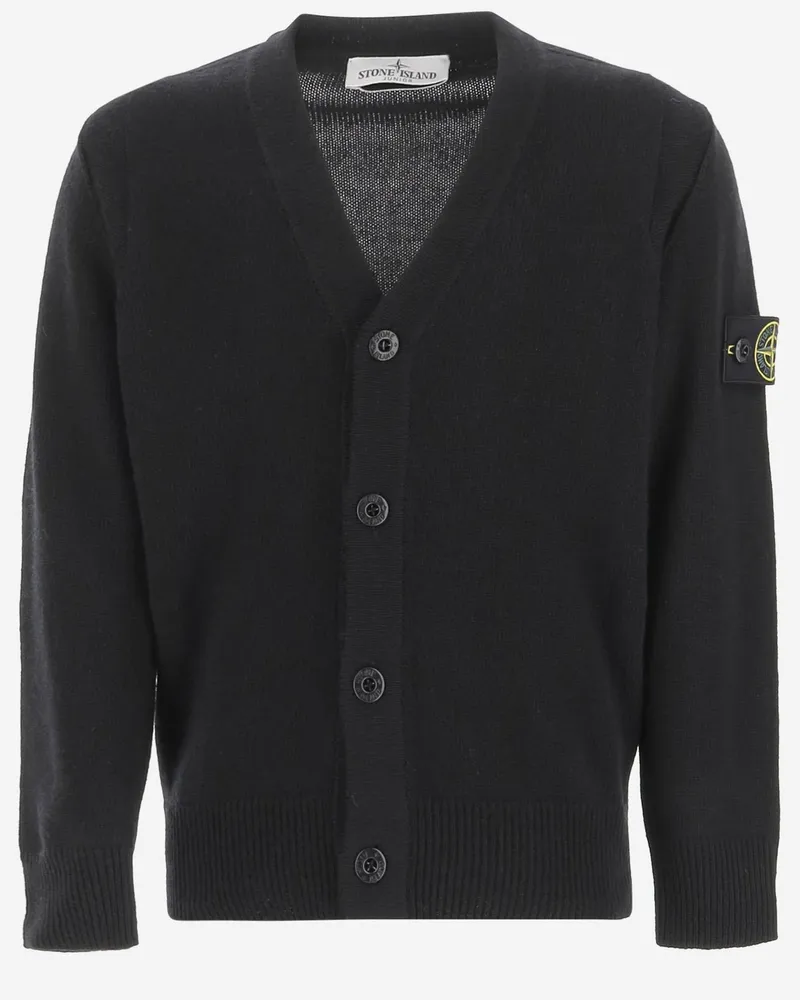 Stone Island Boys' Cardigan Wool-Blend Black Sweater Black