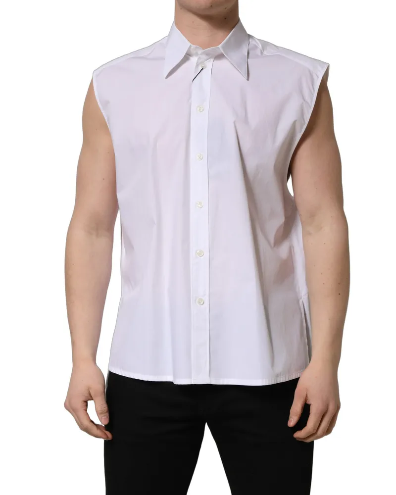 Dolce & Gabbana Men White Cotton Sleeveless Formal Dress Shirt White