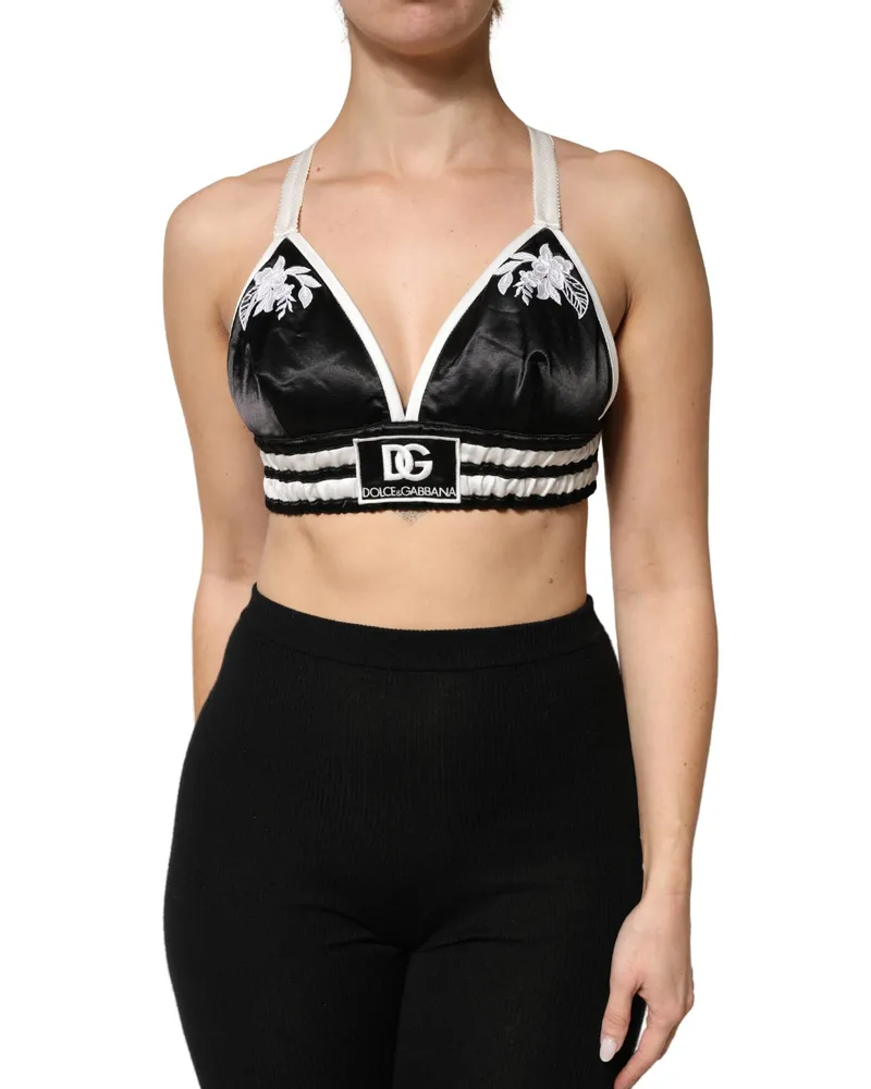 Dolce & Gabbana Women Black Floral Silk Satin Crop Logo Bralette Top Black-White Polyester Spandex Black/white Black