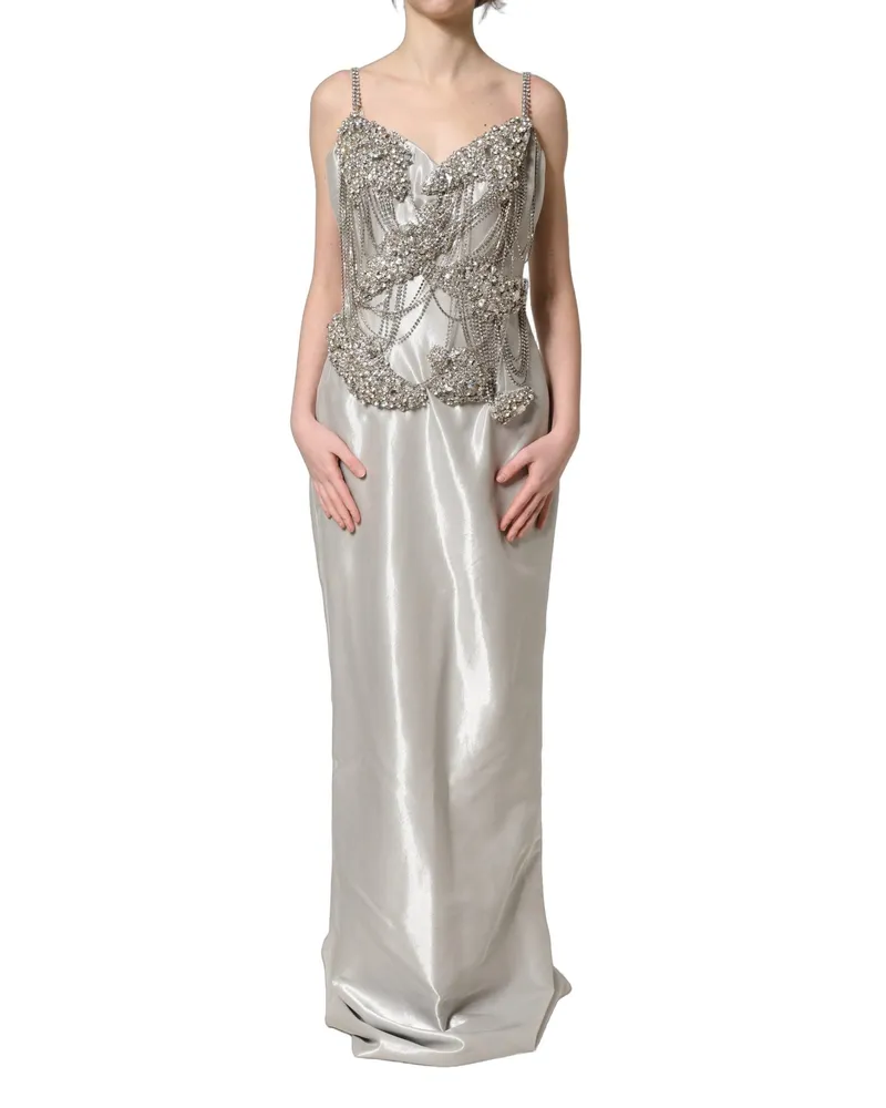 Dolce & Gabbana Women Silver Crystal Embellished Eveninggown Dress Silk Elastane Silver