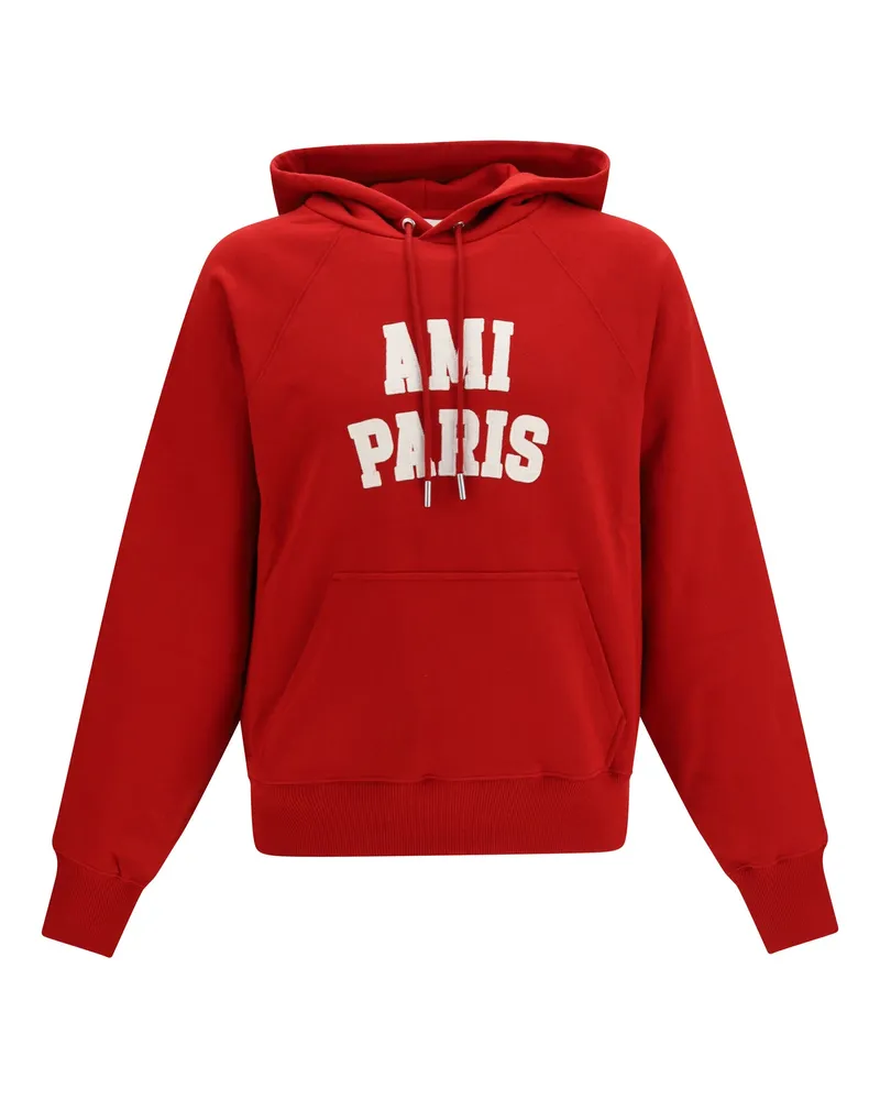 AMI Paris Logo-Embroidered Cotton Hoodie — Red Red