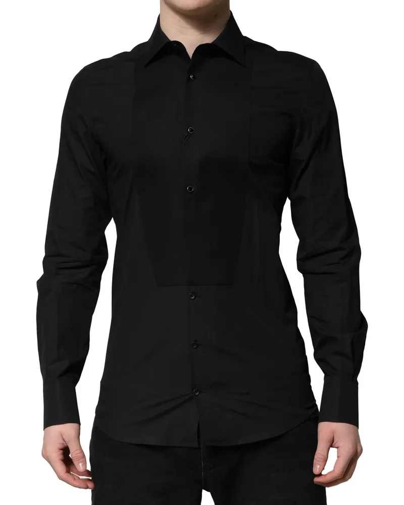Dolce & Gabbana Men Black Gold Long Sleeves Dress Formal Shirt Cotton Black