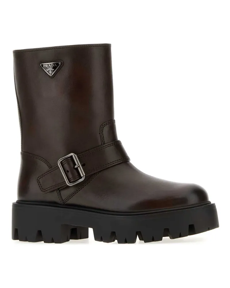Prada Women's Brow Leather Ankle Boots Teak Mocassini Loafers Brown