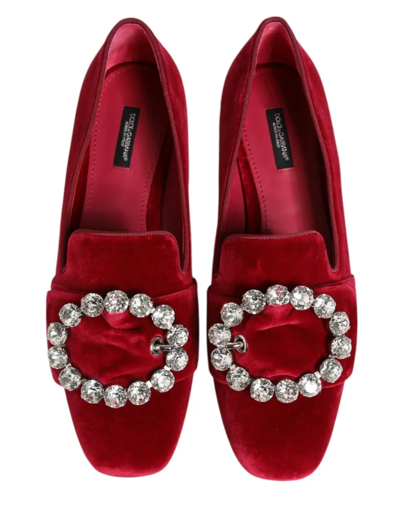 Dolce & Gabbana Women's Red Velvet Crystal Buckle Loafers Flats Shoes Cotton Red