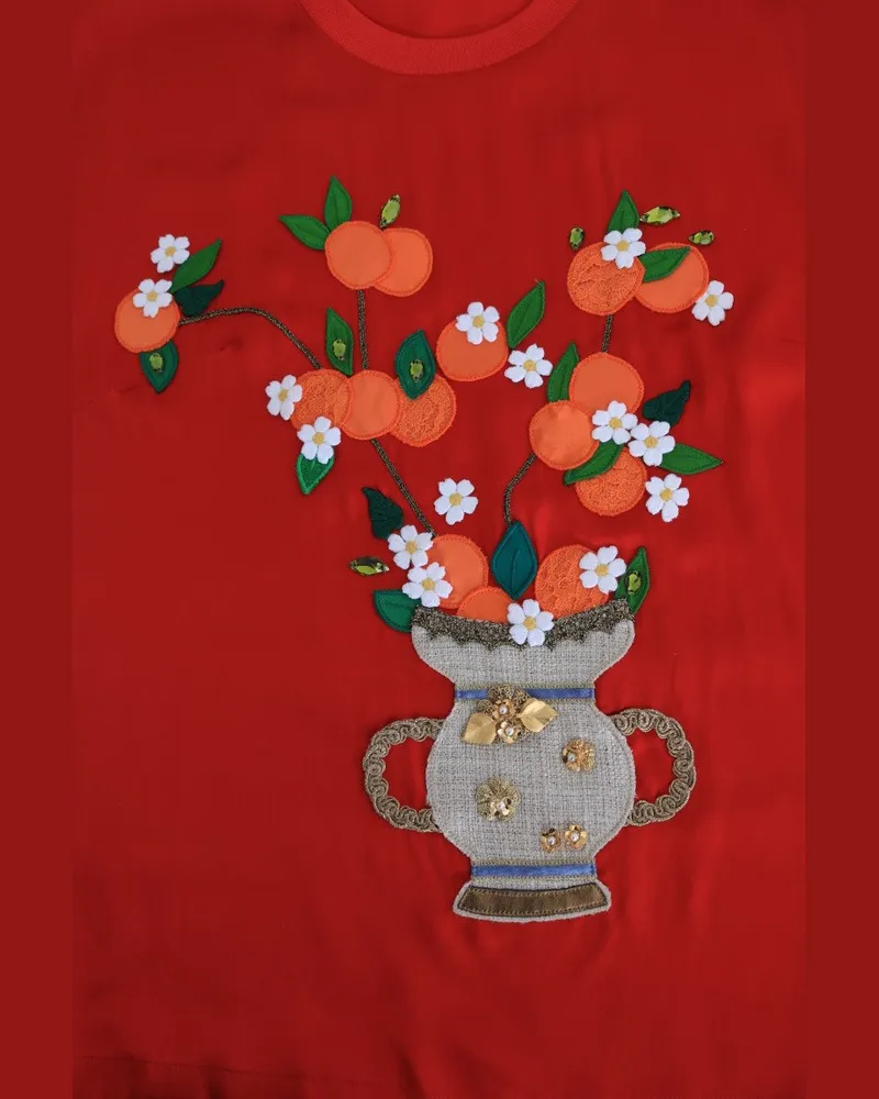 Dolce & Gabbana Women's Red Silk Oranges Floral Crystal Blouse Red