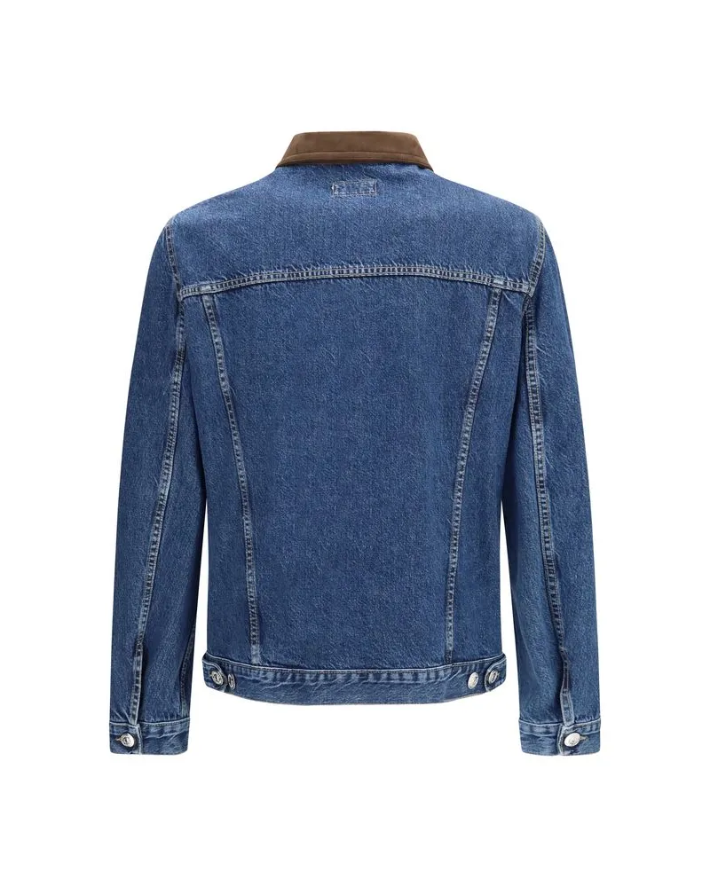 Brunello Cucinelli Suede Collar Denim Jacket — Blue Blue