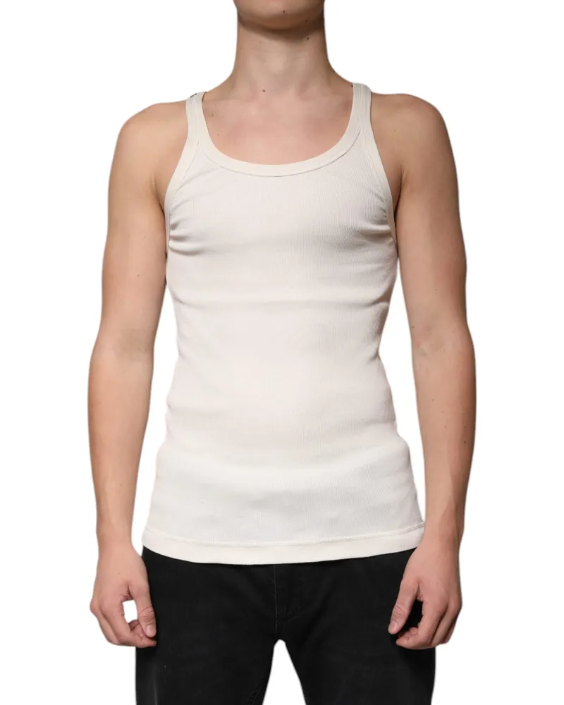 Dolce & Gabbana Men Off White Cotton Sleeveless Round Neck Tank T-Shirt White
