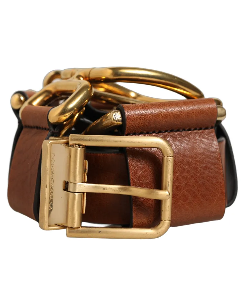 Dolce & Gabbana Leather with Gold Ring Buckle Belt — Brown Brown